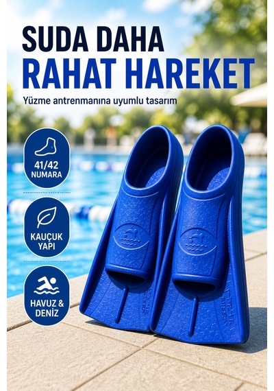 Mavi 41-42 Numara Yüzme Paleti Kauçuk Kısa Palet Havuz Deniz Antrenman Erkek Unisex Ayak