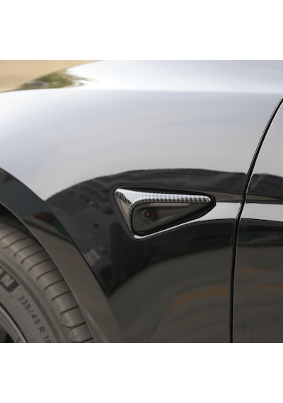 Tesla Model Y Uyumlu Parlak Karbon Fiber Görünümlü Yan Kamera Sinyal Kaplama Seti Hw4