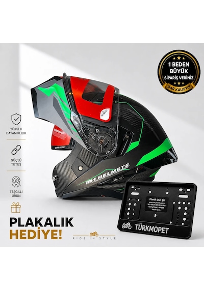 Mh Sports Çene Açılır Güneş Vizörlü Kask + Plakalık Siyah-yeşil