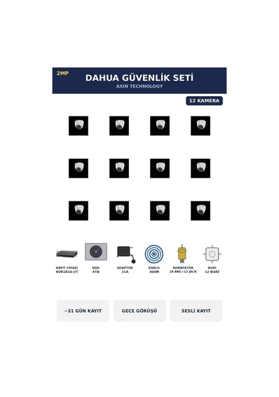 12 Kameralı 2mp Güvenlik Kamera Seti Sesli Gece Görüşlü Dome İç Mekan 4tb 31 Gün Kayıt