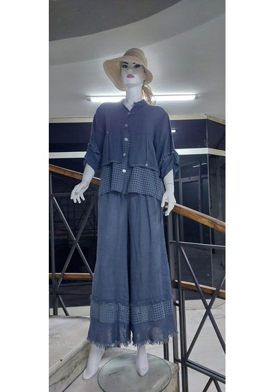 Bohem Stil İtalyan Fisto Detaylı Keten Pantolon Ceket Takım-9196 Gri