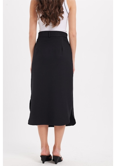 Tudors Kadın Slim Fit Dar Kesim Pileli Pamuklu Ön Düğme Kapamalı Kuşaklı Yırtmaçlı Siyah Etek -50946