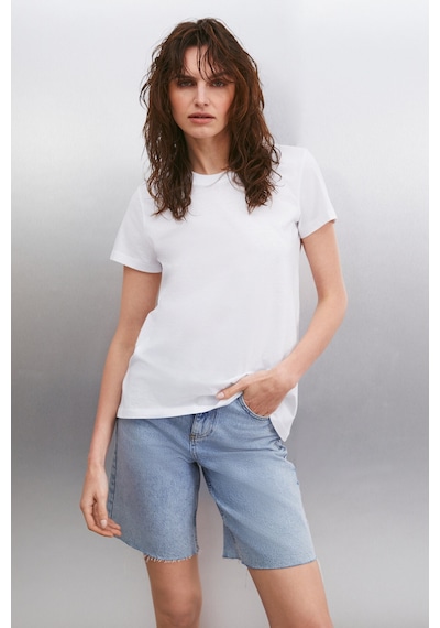 Grimelange Samantha Kadın %100 Organik Pamuklu Comfort Fit Arkası Uzun Basic Örme Beyaz T-shirt Beyaz