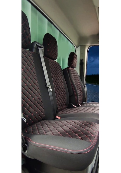 Ford Transit 2014 ve Üzeri Uyumlu Tek Kabin Özel Dikim Tay Tüyü Oto Koltuk Kılıfı Siyah-Kırmızı