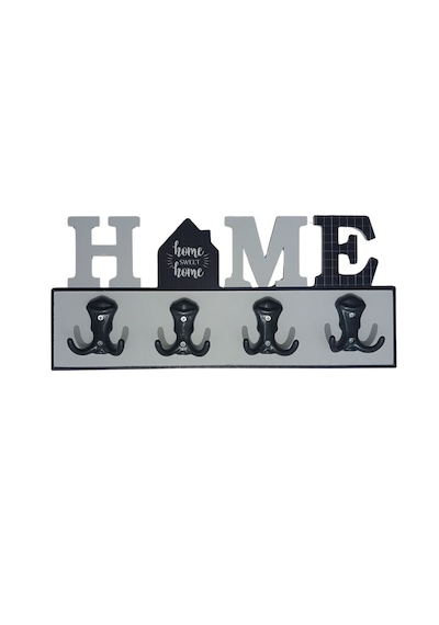 Dyris Home Sweet Home Duvar Askılığı 45x20 Cm Mdf 4 Kancalı Dekoratif Askılık, Antre Ve Hol İçin Gri - Siyah