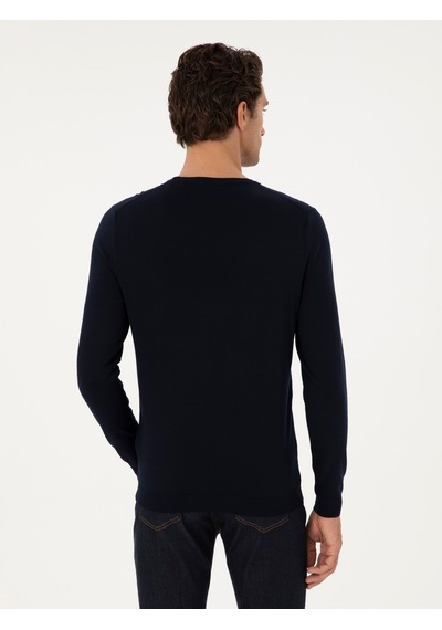 Cacharel Lacivert Slim Fit Yün Karışımlı Bisiklet Yaka Basic Triko Kazak