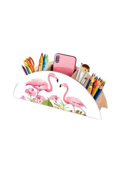 Ahşap Flamingo Masaüstü Kalemlik Kalem Kutusu Organizer Beyaz - Çok Renkli