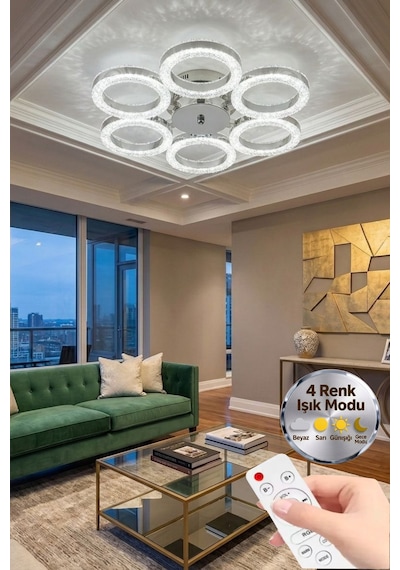 LumiaLighting Zero Model Gümüş Kumandalı 6"lı Ledli 3 Renk Modu Kristal Salon Mutfak Yatak Çocuk Odası Avize
