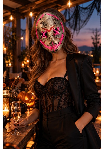 Halloween Cadılar Bayramı Purge Tarzı Fuşya Işıklı Korku Maskesi 25 Cm Çarpı Gözlü Dikili Ağız