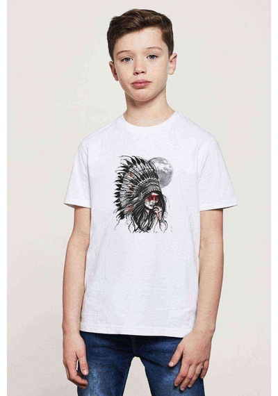 Tshirthane Kızılderili Kız Ay Baskılı Unisex Çocuk Beyaz T-Shirt