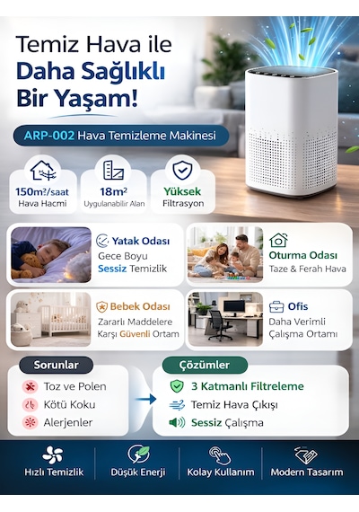 150 M³ Hacim Akıllı Hava Temizleyici 3 Katmanlı Hepa Hava Filtreli Temizleme Makinesi - Sessiz Beyaz
