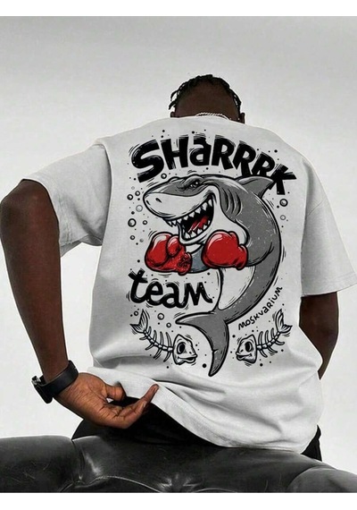 Flood Of Style Erkek Beyaz Shark Baskılı Oversize