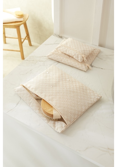 Ocean Home Textile 3'lü Su Geçirmez Pvc Astarlı Bej Dama Desen Islak Kuru Çantası 20 X 13 / 24 X 20 / 30 X 24 Cm