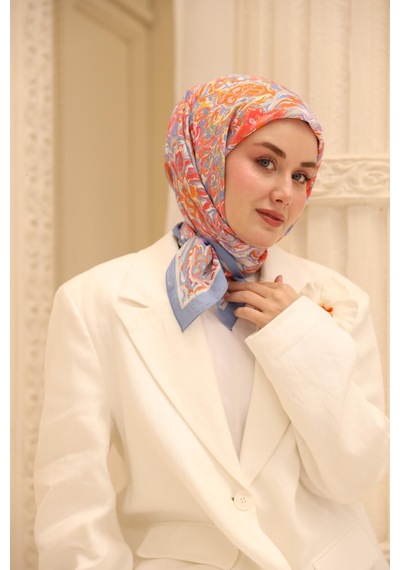 Silk Home Olinda İpek Eşarp 47002-09 Mavi Lila, Şeftali, Turuncu, Beyaz, Gri