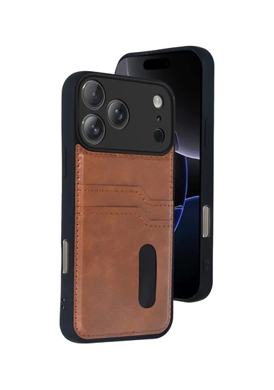 Newface Apple iPhone Uyumlu 17 Pro Max Sara Kartvizitli Deri Kılıf - Taba