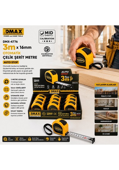 Dmax Dmx-4776 Otomatik Çelik Şerit Metre - 3 M X 16 Mm Stoplu- 12'li Paket Diğer
