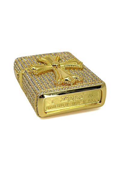 Zippo Özel Seri - Iced Out Zirkon Taşlı Haç Figürlü Lüks Çakmak Sarı