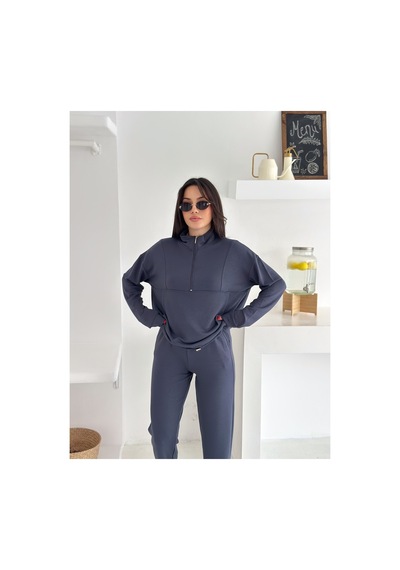 Gugus Kadın Yarım Fermuarlı Model Beli Lastikli Dar Paça Eşofman Takımı Füme