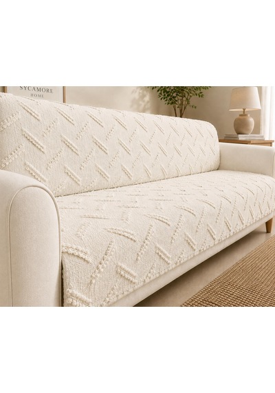 Sycamore Home Koltuk Örtüsü 175x215 Cm Çekyat Örtüsü, Kaymaz, Yıkanabilir, Lüks Kumaş Şönil Jakarlı Krem