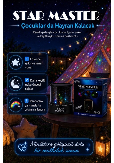 Tavan Ve Duvar Yansıtmalı Renk Değiştiren Yıldız Projektör Gece Lambası Çok Renkli