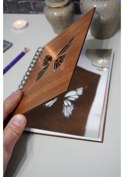 Kelebek Desenli Ahşap Defter - Ajanda - Çizgisiz Resim Defteri Ahşap Rengi Ceviz A5 Notebook