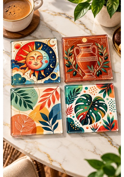 Gökçeoğlu Cam Bardak Altlığı Güneş Ay Ve Botanik Temalı 4'lü Takım 10cm X 10cm Çok Renkli