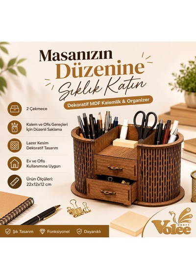 Çekmeceli Ahşap Kalemlik - Masaüstü Düzenleyici Ve Organizer