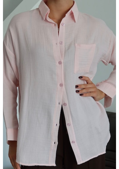 Balenbi Kadın Cepli Oversize Düz Renk Müslin Gömlek 1095 Pembe