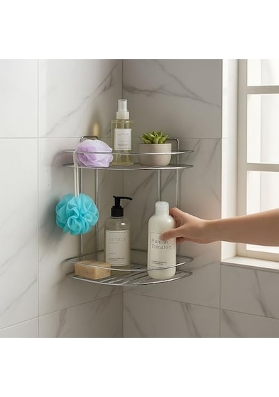 İki Katlı Krom Banyo Duş Köşe Rafı Paslanmaz Metal Şampuanlık Duvar Montajlı Düzenleyici Raf Seti Diğer