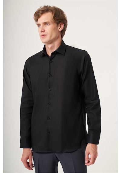 İmza Siyah İtalyan Yaka Oxford Slim Fit Kolay Ütü Pamuklu Gömlek 1004265270