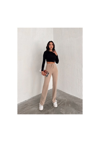 Dechival Kadın Bol Paça Fitilli Pantolon Yazlık Wide Leg Eşofman Altı Ekru