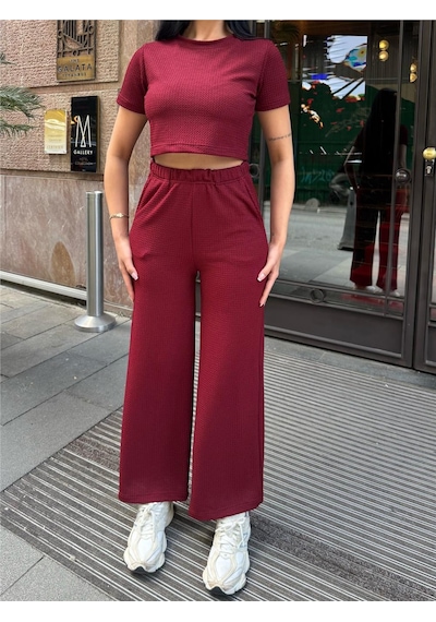 WeShaya Bordo Modal Polyester Keten Bisiklet Yaka Takım Bordo