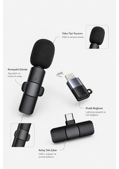 Kablosuz Yaka Mikrofonu Usb-c Ve Lightning Adaptörlü Telefon Uyumlu Kompakt Ses Kiti