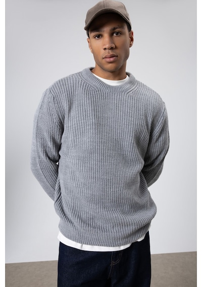 Vamos Bisiklet Yaka Oversize Triko Kazak V60-10 Gri Melanj
