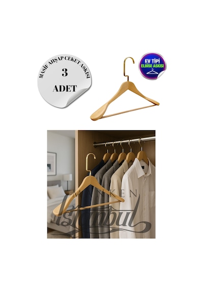 Ceket Askısı 44 Cm Masif Ahşap Gold Kancalı Takım Elbise Askısı Ev Tipi 3 Adet Diğer