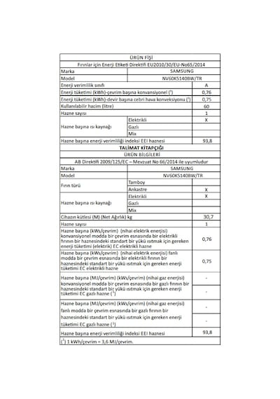 Samsung NV60K5140BW/TR 60 LT Elektrikli Ankastre Fırın