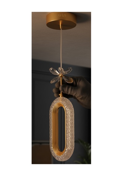 Selin Gold Modern Led Sarkıt Avize Kristal Çiçek Detaylı Oval Tasarım Tekli Altın Altın