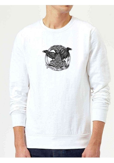 Viking Mitolojisi Odin Raven Baskılı Beyaz Erkek Sweatshirt