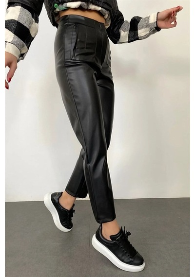 Yz Collection Yüksek Bel Deri Pantolon Siyah