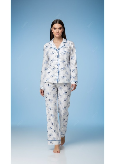Divinus Tavşan Desenli Gömlek Yakalı Beyaz/mavi Kadın Pijama Takımı Beyaz - Mavi