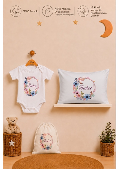 Pia Baby İsme Özel Kız Bebek Hediyesi %100 Pamuk Organik Baskılı Body Yastık Kılıfı Ve Ham Bez Kıyafet Kesesi 1036byk0x Ekru