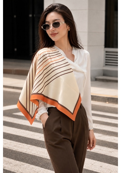 Tarzını Seç Turuncu V Çizgi Fular / Bandana / Aksesuar / Şal / Eşarp 70x70