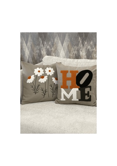 2 Li Dekoratif Kırlent Kılıfı Home Yazılı Papatya Desenli Modern Bohem Salon Bej Bej