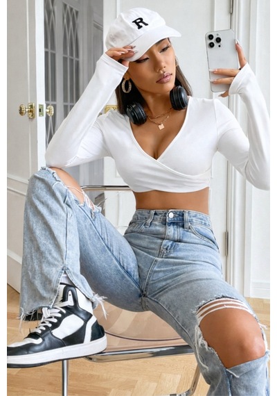 Kadın Crop Bluz Uzun Kollu V Yaka Fit Basic Şık Üst Beyaz