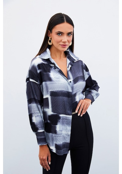 Sateen Desenli Uzun Gömlek - Siyah-135087 Siyah