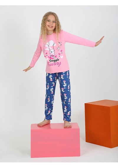 Kız Çocuk Uzun Kollu %100 Pamuklu Pijama Takımı Snuggle Bunny Pembe
