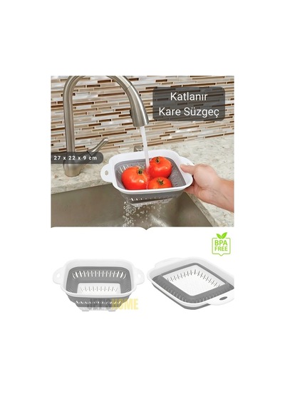 Katlanır Süzgeç Bpa Free Makarna Süzgeci Sebze Süzgeci Kare Süzgeç 27x22x9 Cm Beyaz Gri