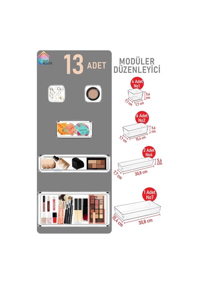 13 Parça Çekmece Içi Düzenleyici Modüler Makyaj Takı Kozmetik Aksesuar Şeffaf Organizer Şeffaf
