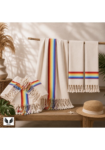 Pega 3'lü Set Rainbow Peştamal 90x170 Cm&peşkir 45x90 Cm %100 Koton Gökkuşağı Plaj&2 El/baş Havlusu Gökkuşağı
