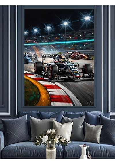 Ahşap Tablo Gece Yarısı Yarış Pisti Ve Formula 1 Arabaları Çocuk Odası Tabloları